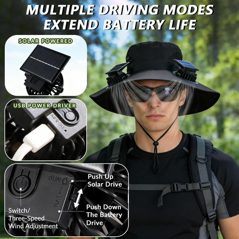 Solar Fan Hat, Equipped With Two Solar Fans, Unisex Wide-Brimmed Sun Hat, Solar Powered Hat, Usb/Solar Dual Power Supply, Three Wind Speed Settings, Rechargeable Battery, Men'S Fishing Hat, Suitable For Outdoor Hiking, Mountaineering, Travel And Camping.