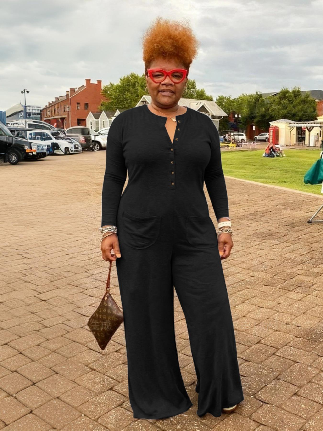 [Plus Size] Solid Pocket Button Front Wide Leg Jumpsuit, Casual Long Sleeve Round Neck Jumpsuit for Daily Wear, Women's Clothes for Fall & Winter, Womenswear