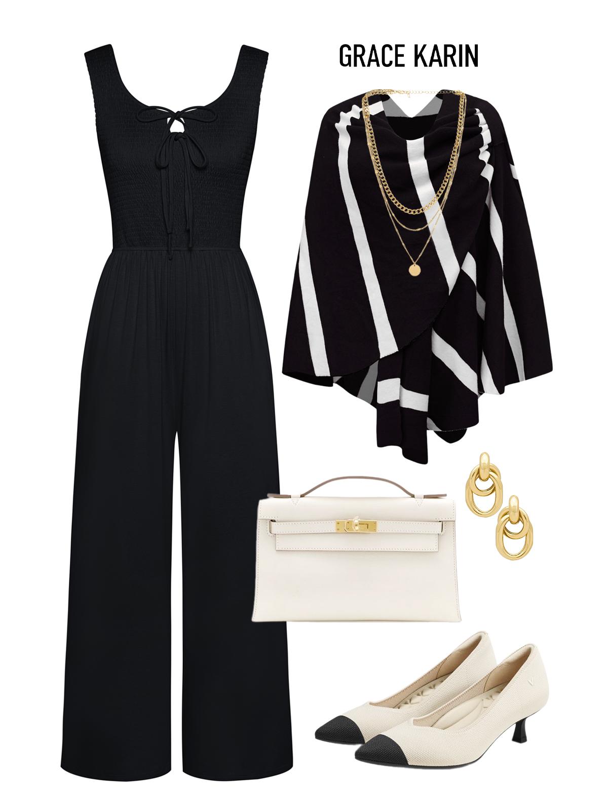 GRACE KARIN Jumpsuits for Women Bow Tie Front Overalls Smocked Tops Wide Legs Casual Knitted Outfits with Pockets