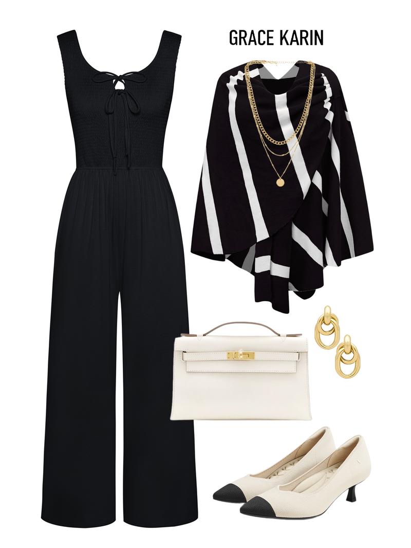 GRACE KARIN Jumpsuits for Women Bow Tie Front Overalls Smocked Tops Wide Legs Casual Knitted Outfits with Pockets