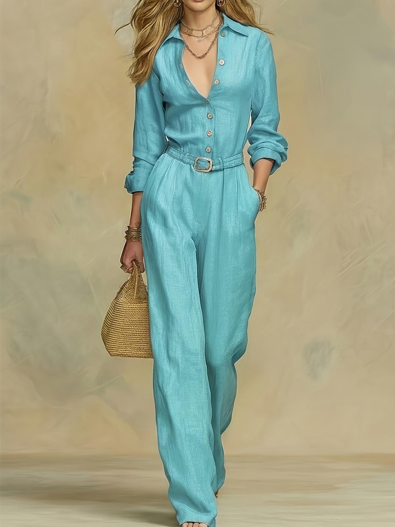 2026 European and American Style Elegant New Solid Color Women's Fashion Casual Long Sleeves Button High Waist Romper, Trendy and Comfortable One-Piece