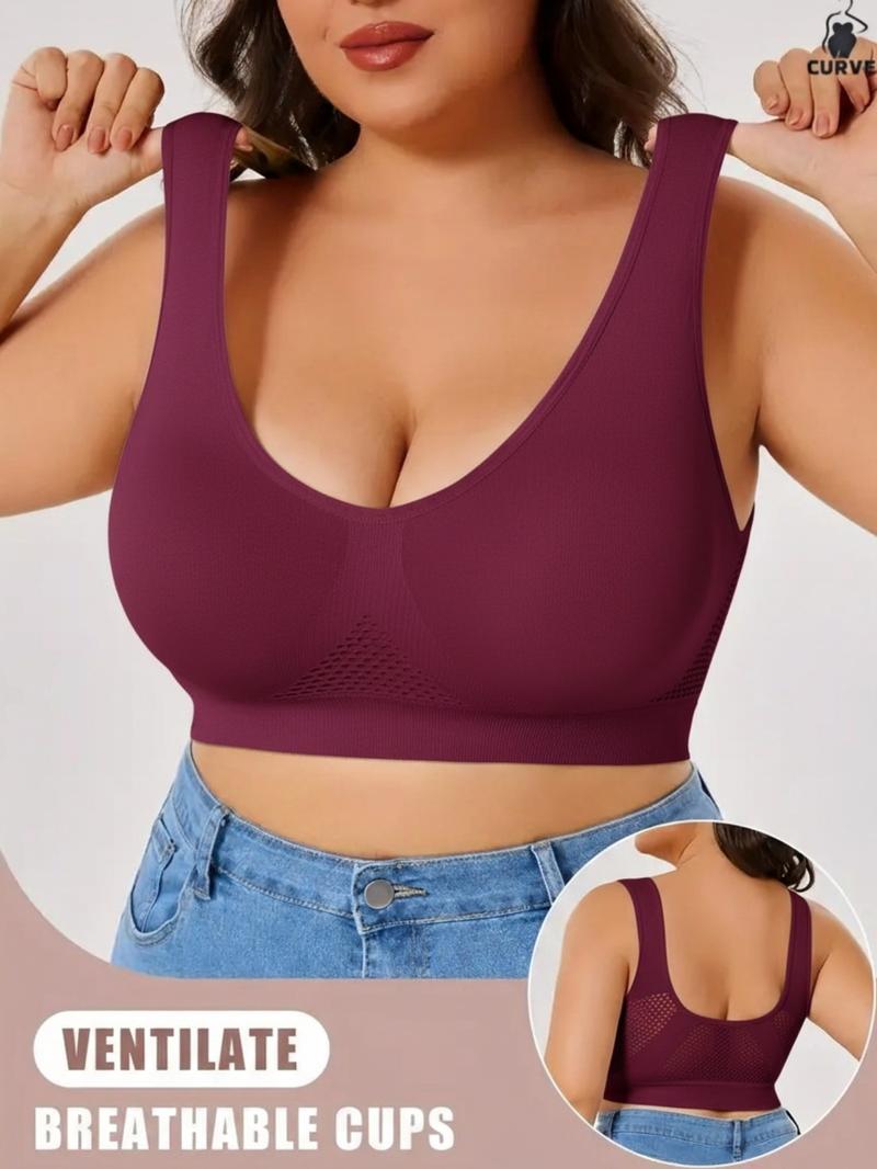 1XL-5XL,Women's Plus Size Wireless Seamless Bra Set, Breathable Hollow Back Crop Top, Wide Strap Basic Bra,All Seasons, Casual Style