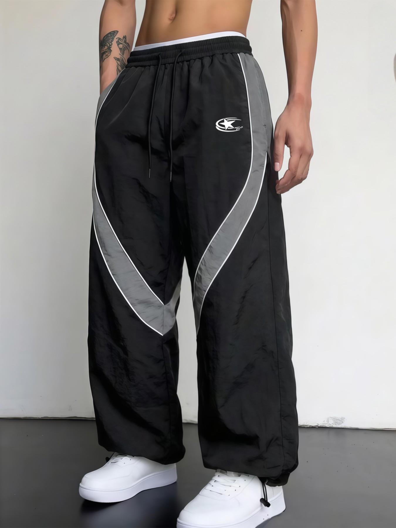 Men's Fashion Print Casual Outdoor Pants, Loose Fit Gym Shorts, Waist Drawstring, Elastic Cuff Design, Nylon Fabric, Lightweight Comfort, Casual Sporty Trousers, Outdoor Sports Pants