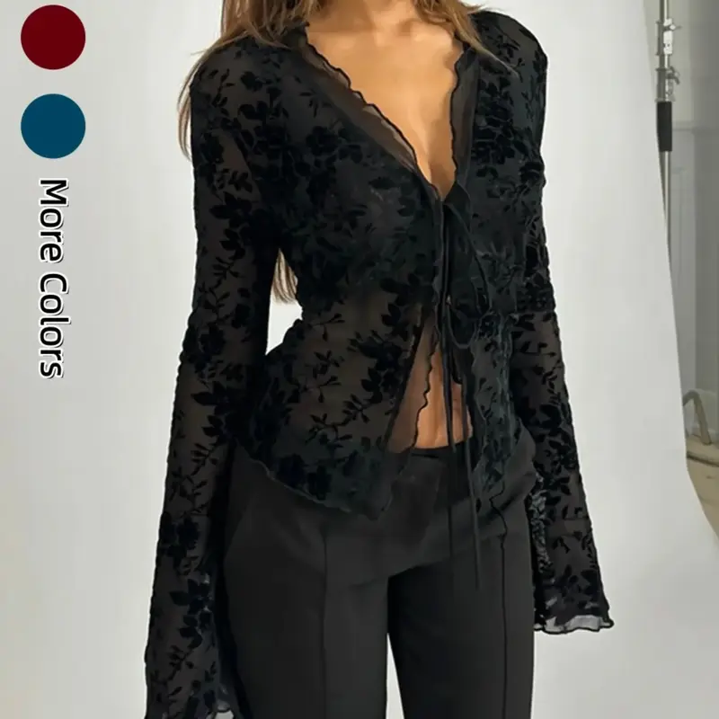 Women's Plants Print Tie Front Top, Casual Long Sleeve Top for Spring, Women's Clothing for Daily Wear