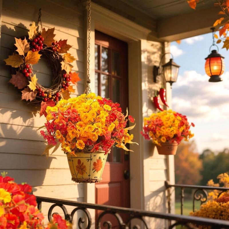 【New Fall Styles, Affordable Prices】6/12/18/24-Piece Outdoor Synthetic Artificial Flower Arrangement - Waterproof, Universal, Realistic Faux Plants with Orange,Yellow,Red,Brown Leaves for Patio,Porch,Front Door