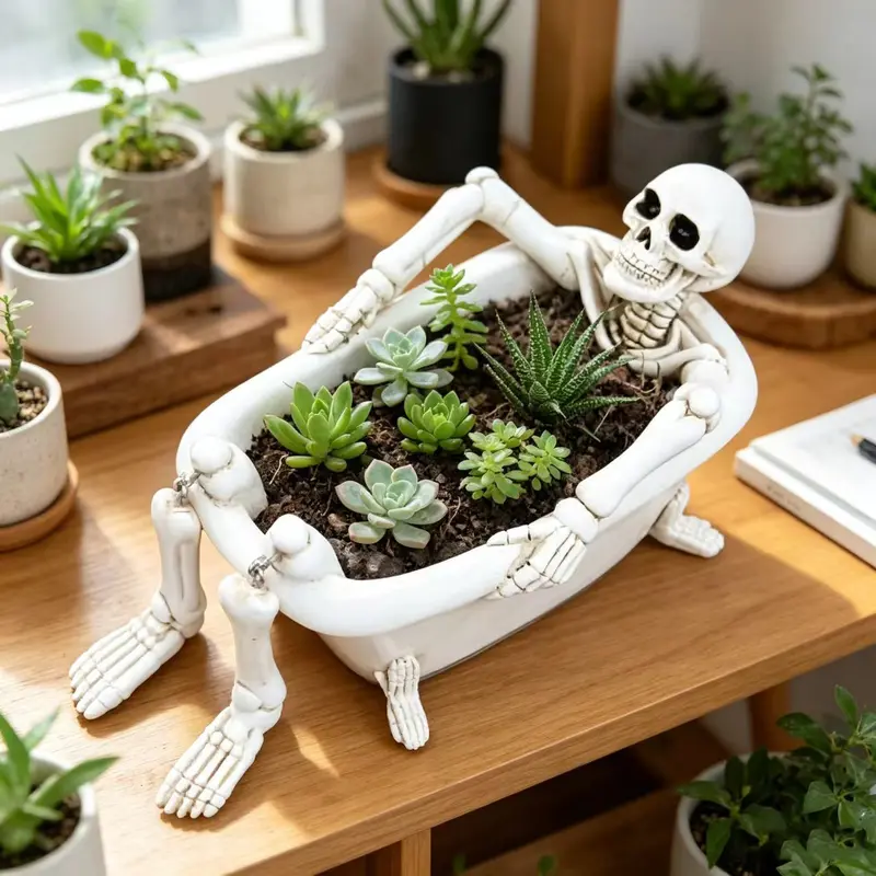 Skull Bathtub Planter, 6.37 Inches with Drain Hole, Unique Decorative Pot for Plants, Soap Holder, Home Desk Decoration, Halloween Theme