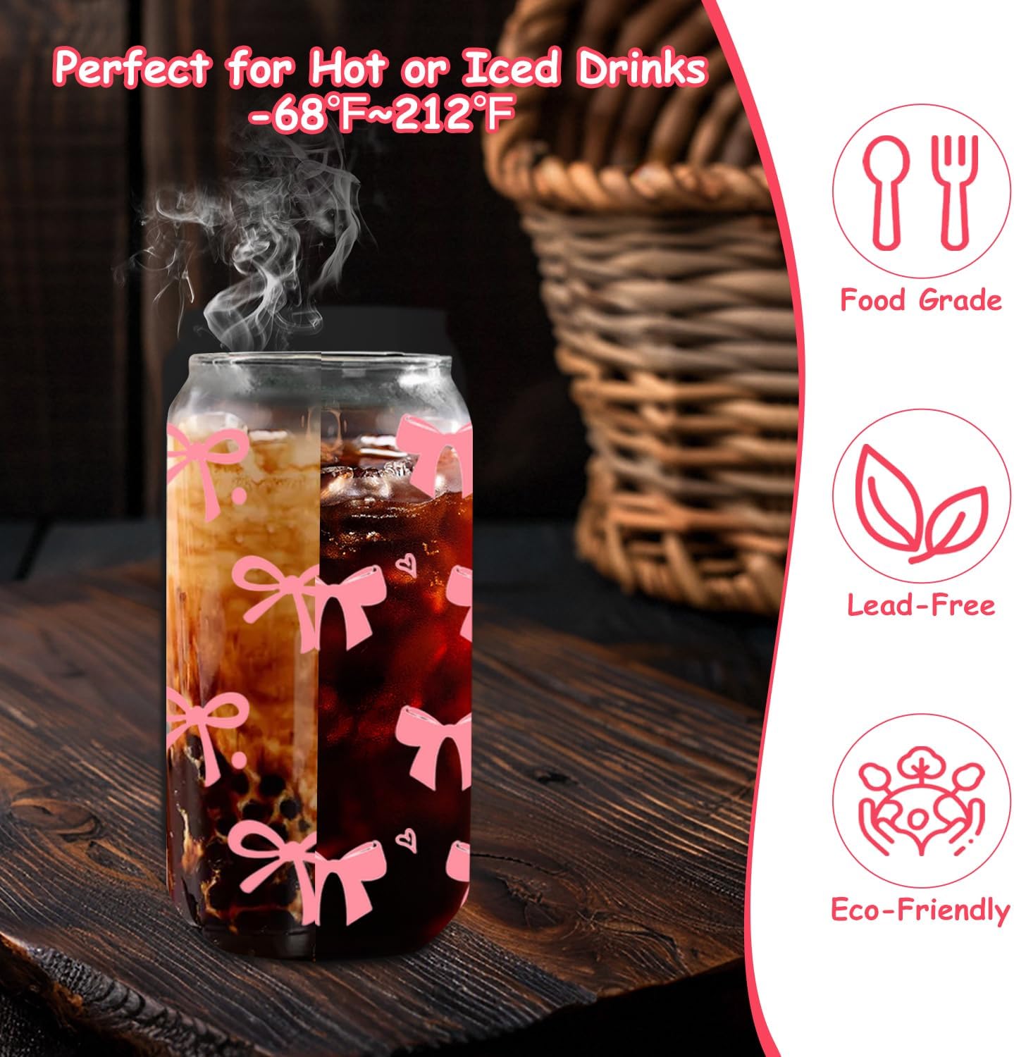 Pink Bow Glass Cups with Lids and Straws, 6 Set 16 OZ Coquette Bow Aesthetic Glass Reusable Iced Coffee Cup Smoothie Tumbler with Bamboo Lid, Reusable Straw & Cleaning Brush for Girls Women Sister