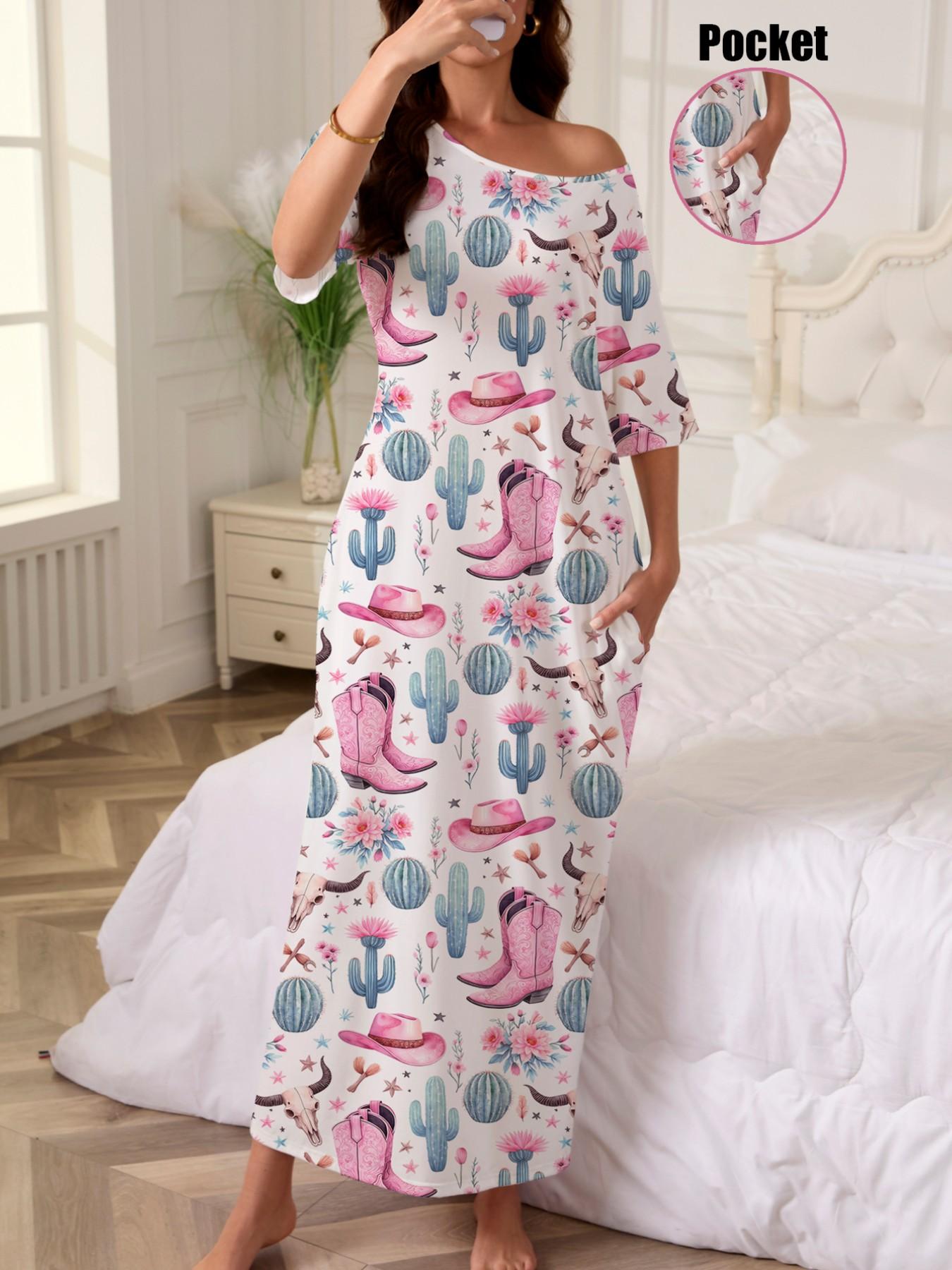 Western Cowboy Cactus Print Nightgown, Women's Casual Loose-Fit Short Sleeve Robe, Comfortable Holiday Party Sleepwear, Side Pockets