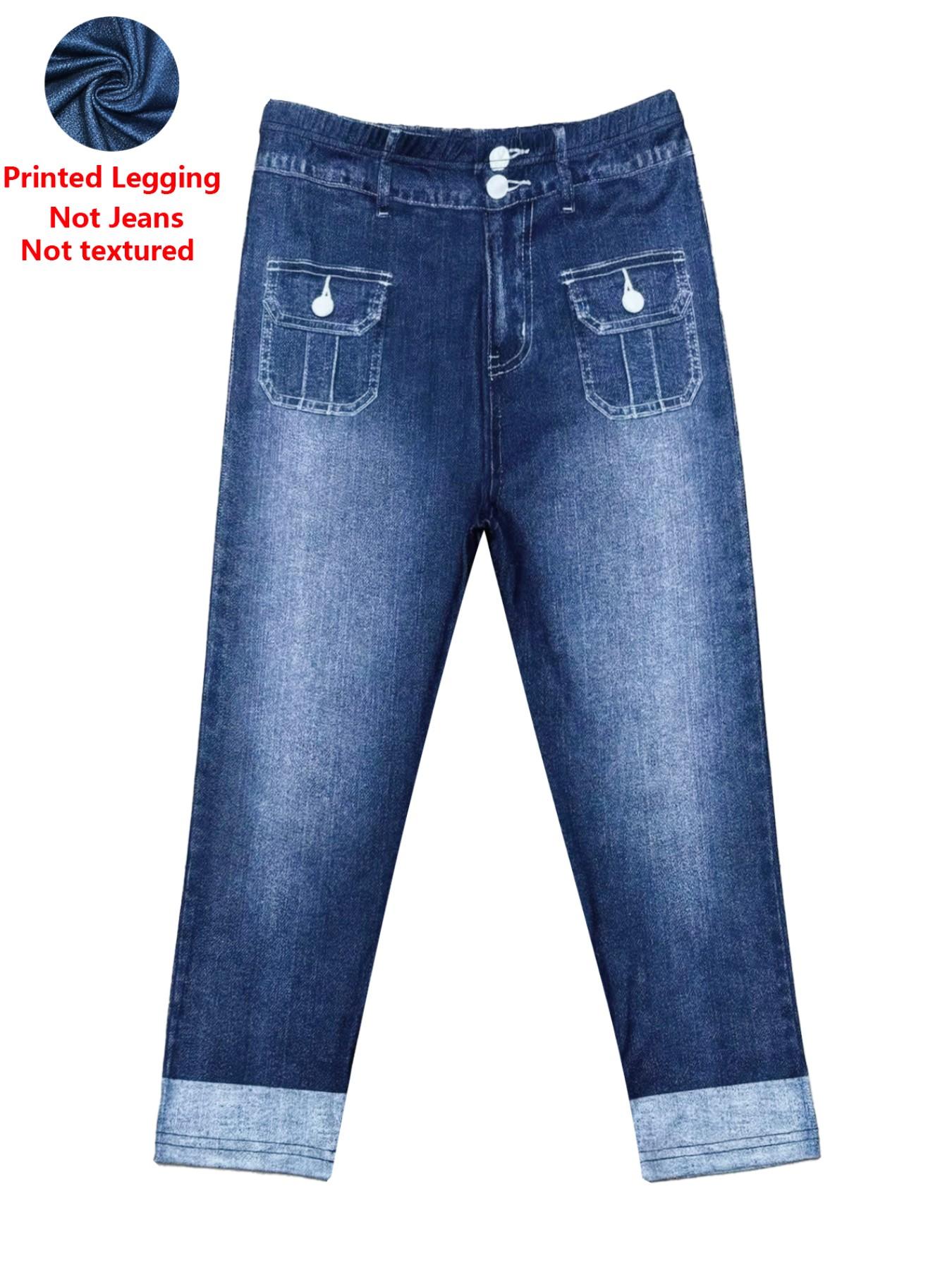 Women's Tight Fit Seven-Quarter Pants, Faux Denim Print, Slim-Fitting Casual Bottoms, All Season Wear, Comfortable and Stylish