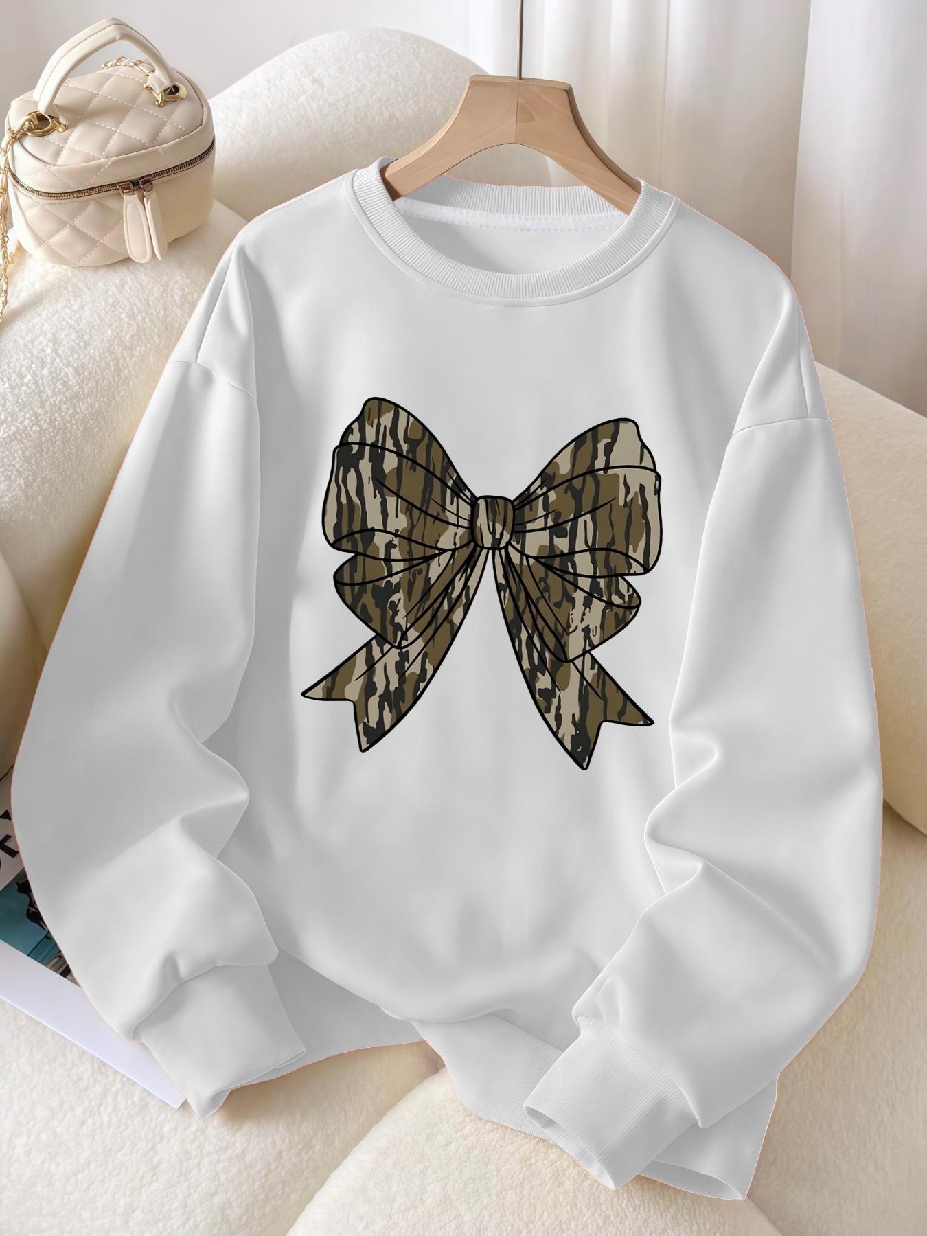 Women's Camo Bow Print Loose Fit Round Neck Sweatshirt, Fall & Winter Sporty Style, Casual Camouflage Pullover Top