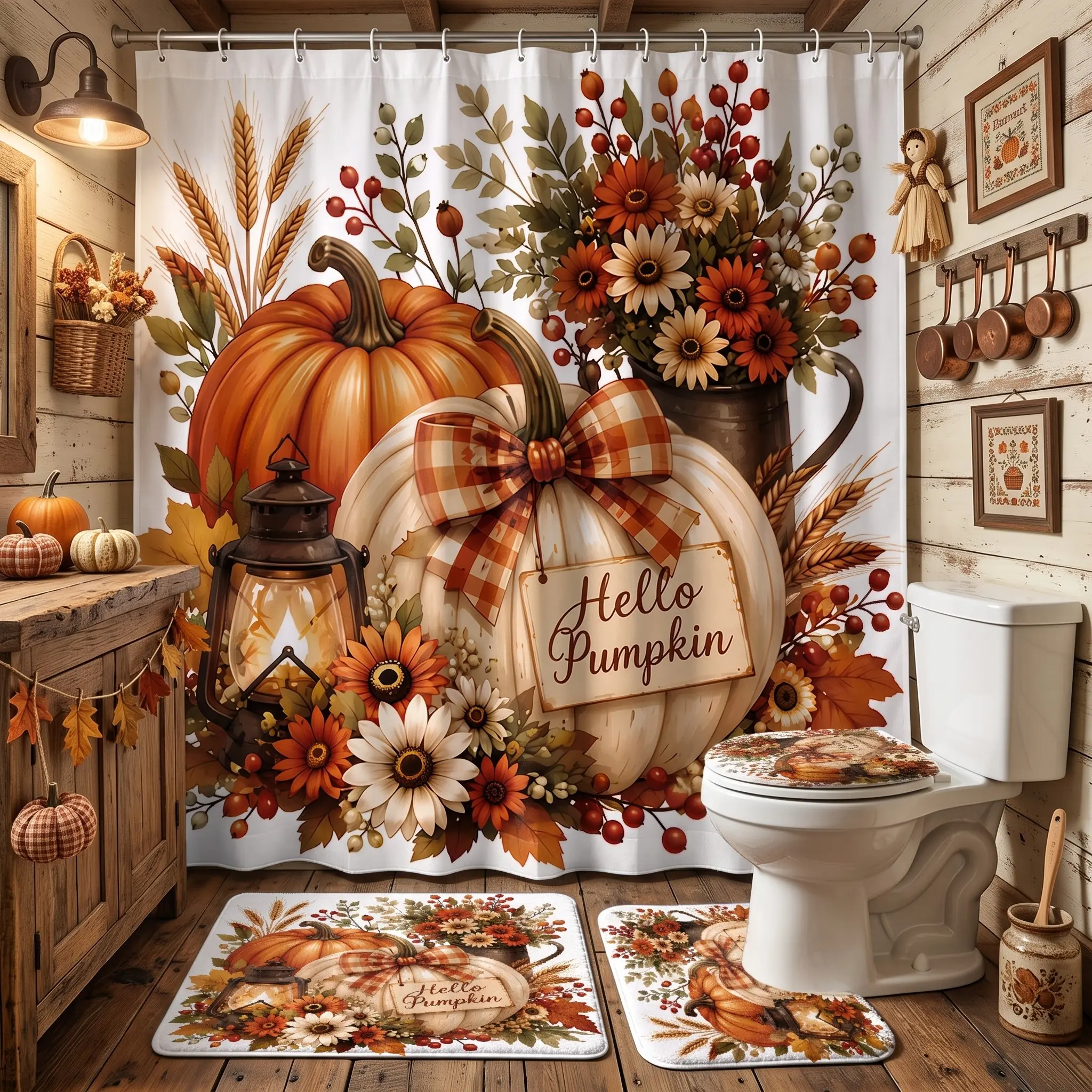 4pcs Fall Shower Curtain Set with Rugs, Autumn Pumpkin Floral Lantern, Bathroom Decor Set, Toilet Lid Cover, Bath Mat, Rustic Farmhouse Harvest Thanksgiving Home Bath Set