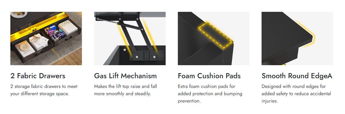 Sikaic 40 Inches Lift Top Coffee Table With 2 Fabric Drawers And LED Light