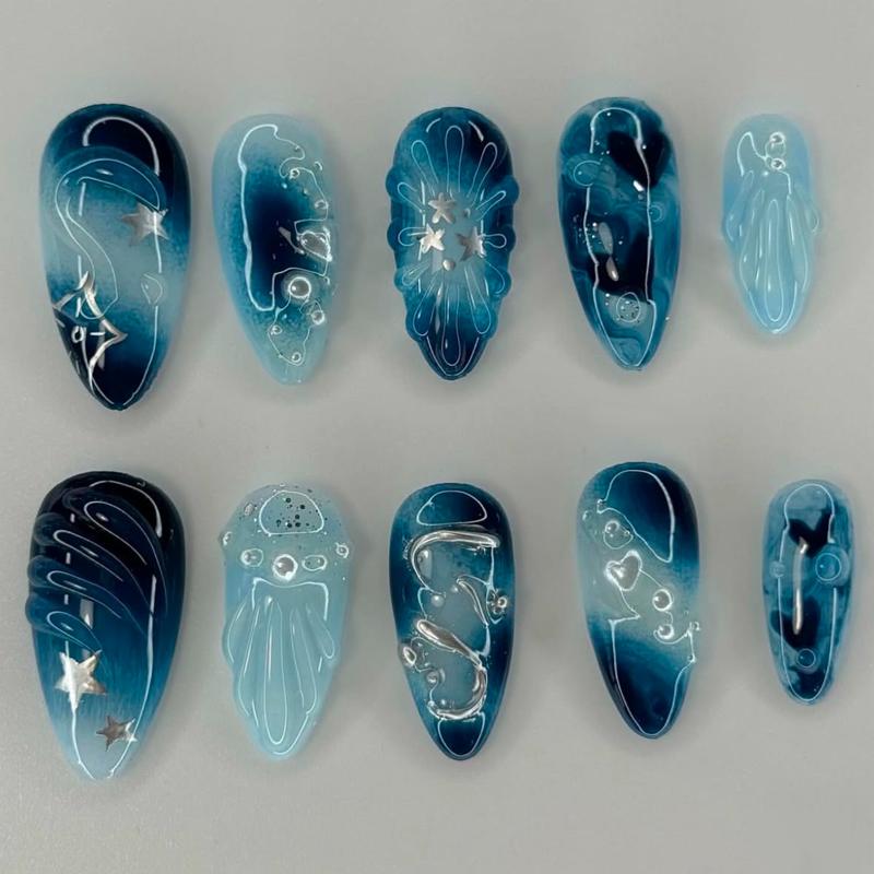Handmade Almond Shaped Nail Art Set, Dreamy Deep Sea Blue Gradient with Silver Color Stars & Jellyfish Design, Perfect Gift for Girls & Women