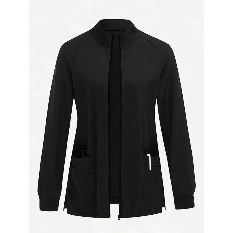 Multi-pocket Black Long Sleeve Women's Casual Jacket Beauty Salon Workwear Laboratory Doctor Nurse Coat Tops Basic Outerwear Fitted
