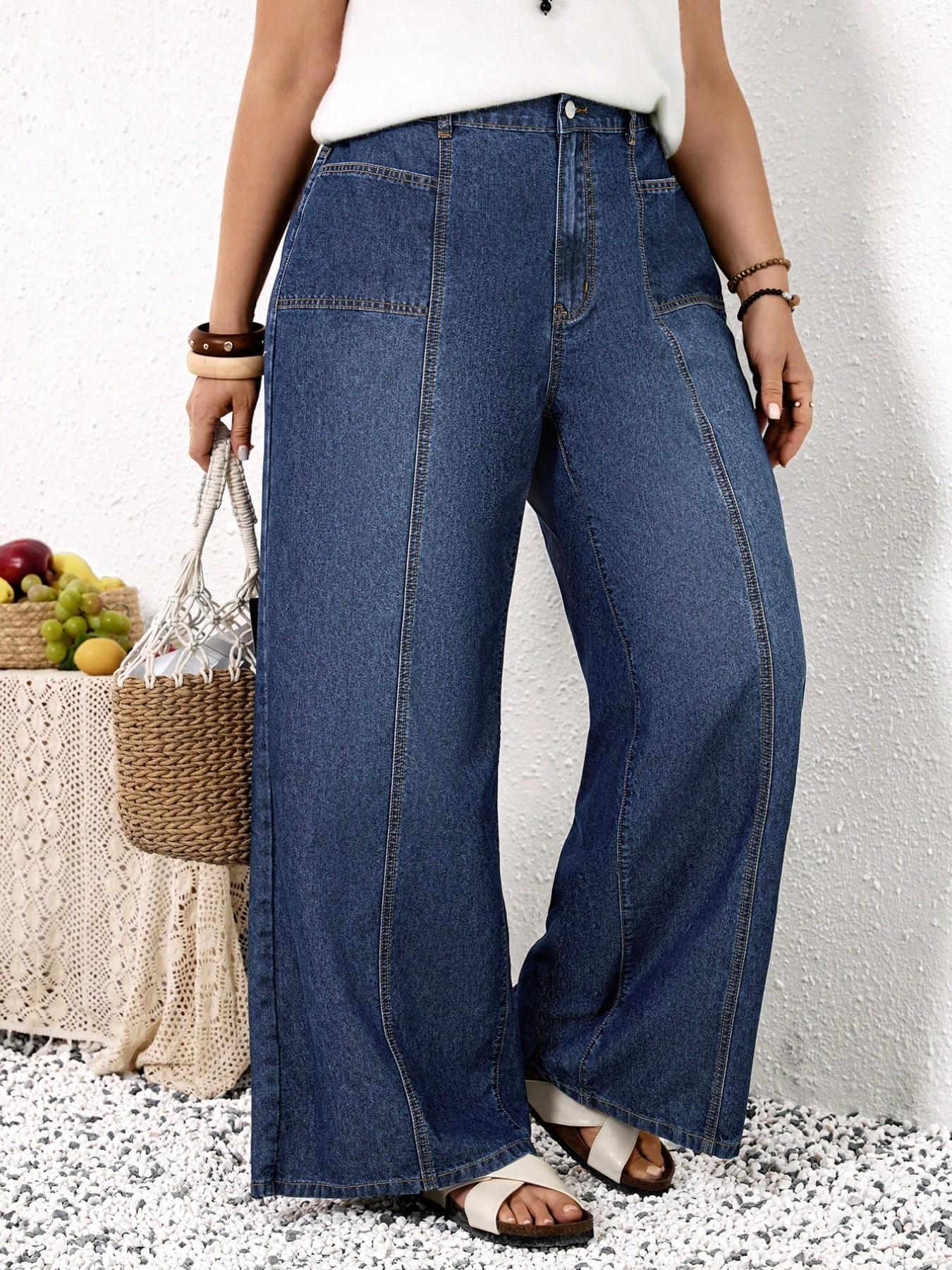 Plus Size Wide Leg Jeans, High Waist Elastic Back Jean with Pockets, Loose Fit Daily Casual Wear, All Seasons Patchwork Design