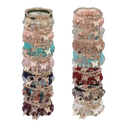 Women's 8/16/24pcs Multi-Layer Glass Beaded Bracelet Bangles With Butterfly Charm, Wrist Stack, Casual Daily Wear, Elegant Boho Festival Jewelry, Ideal Anniversary Gift, Glass Beads, Elegant Boho Festival Look,sohochic