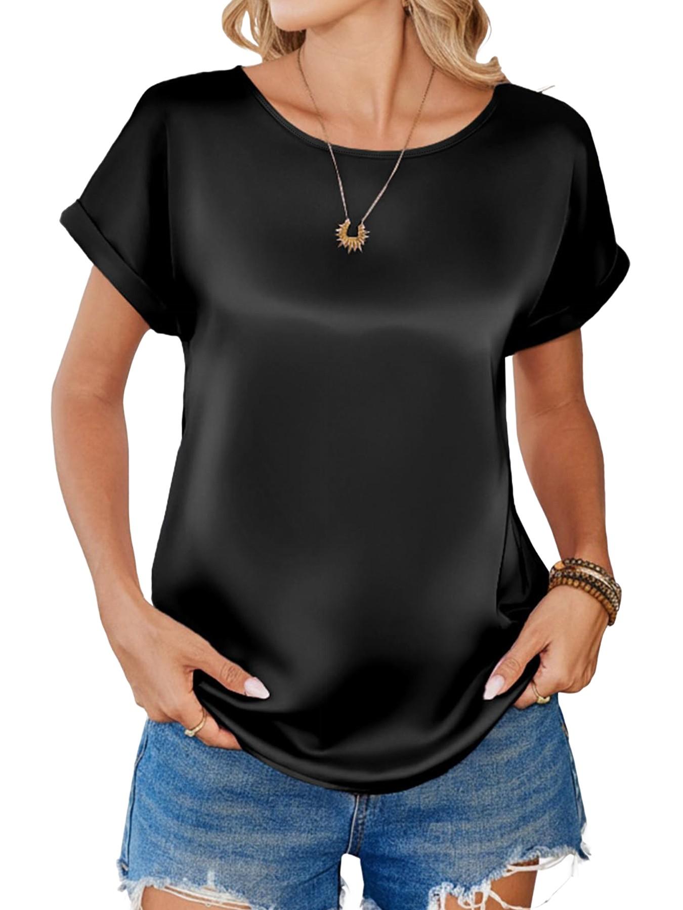 Women's Satin Shirt, Business Casual Short Sleeve Top, Round Neck T-Shirt, Silk Blouse, Summer Clothing, Fashionable and Comfortable