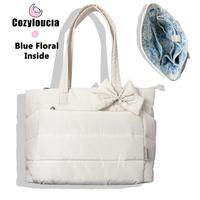 D- Beige - Blue Floral -Bow