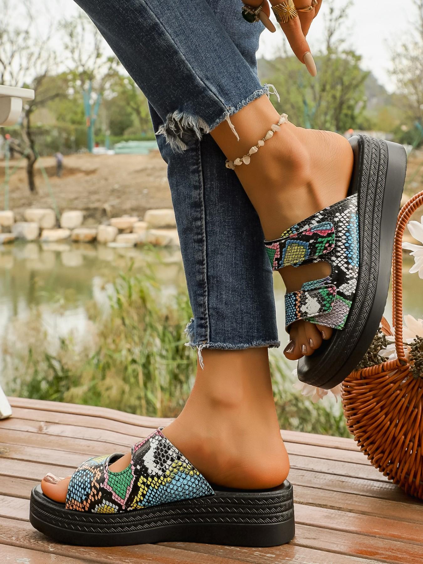 Women's Fashion Thick Sole Sandals, Snake Print, Slip-On, Open Toe, Adjustable Velcro, Textile Upper, PVC Sole, Less Than Ankle Height