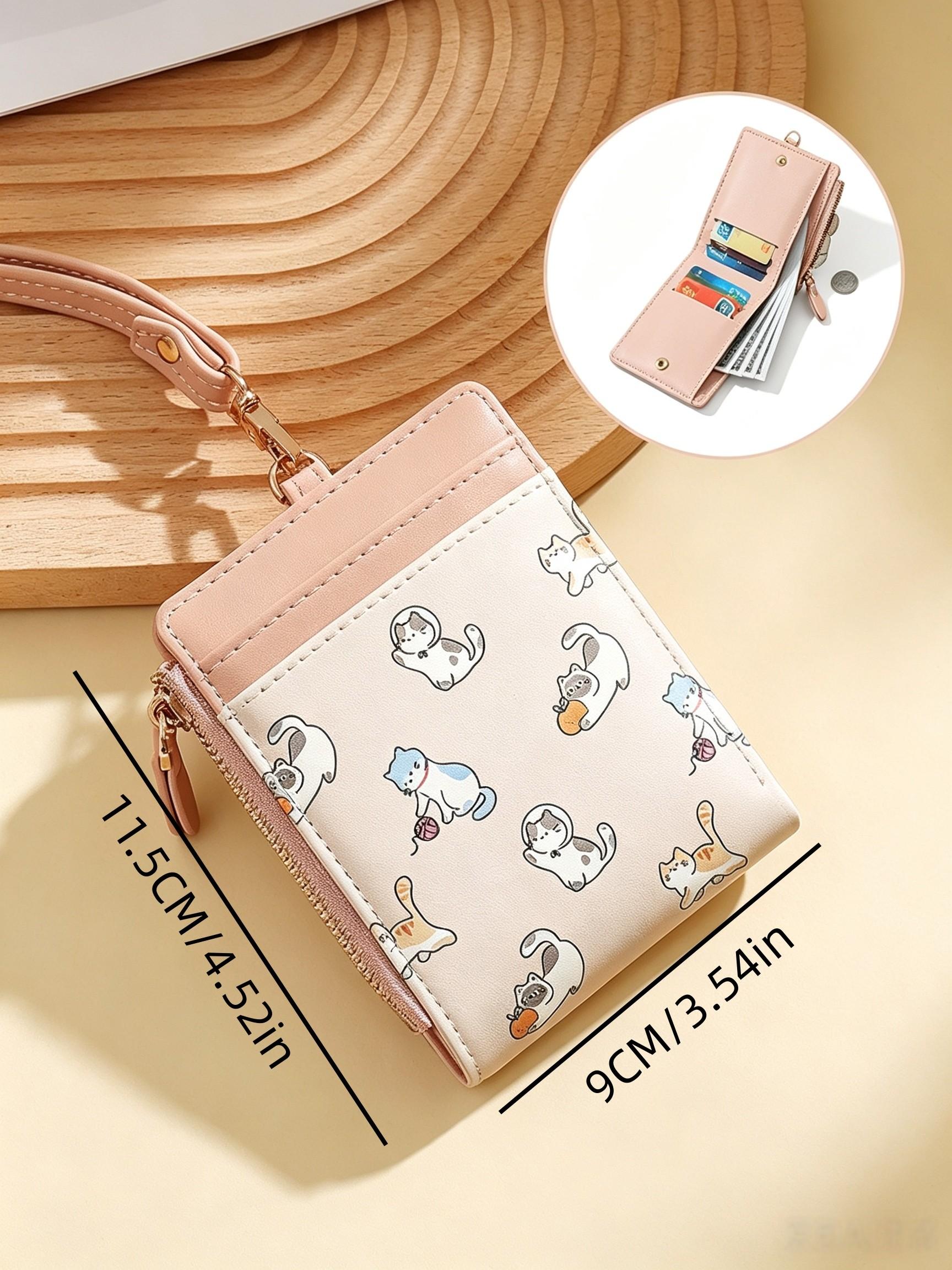 1PC Commute Neck Lanyard Card Holder, Student Campus ID Badge Case, Cute Cat Foldable Zipper Coin Purse, Cash & Card Storage Pouch for Shopping & Trips