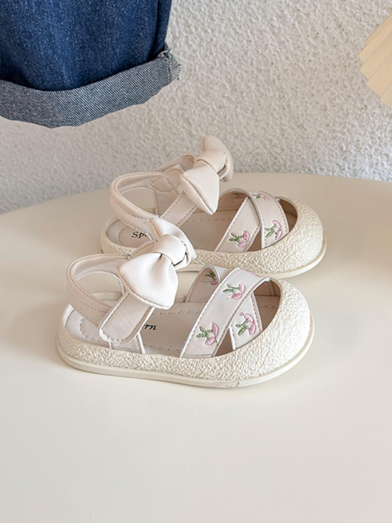 Cherry Embroidery Bow Infant Sandals, Sweet Princess Style, Easy-On Velcro, Soft Toe Protection, Non-Slip Rubber Sole, Summer