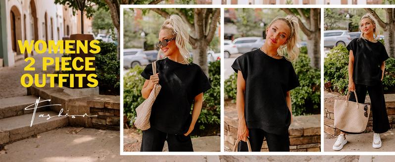 FISOEW Womens 2 Piece Outfits Sweatsuit Long/Short Sleeve Tops and Drawstring Waist Cropped Wide Leg Pants Loungewear Sets viral  knit Jean Shirt matching sets women Matching Tracksuits Womenswear Soft,Valentine's Day Gift Recommendations