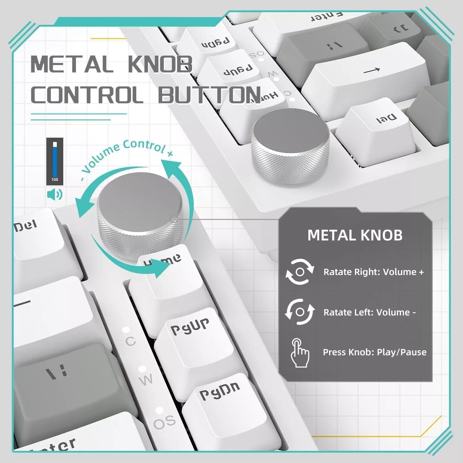 AJAZZ AK820 Mechanical Keyboard Gray and White Dual-tone Keycaps 75% Wired Office Mechanical Keyboard with White Backlight, Volume Knob, Fast Response, Full Key Hot-swapping, Comfortable Typing Experience, Suitable for Gaming, Office, and Other Multi-scen