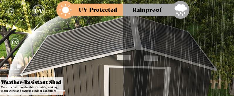 [Ships in Multiple Boxes]  VanAcc Outdoor Storage Shed with Two 4-Pane Windows Sliding Doors, Open Outdoor Shed for Wood Storage, Dark Grey/White