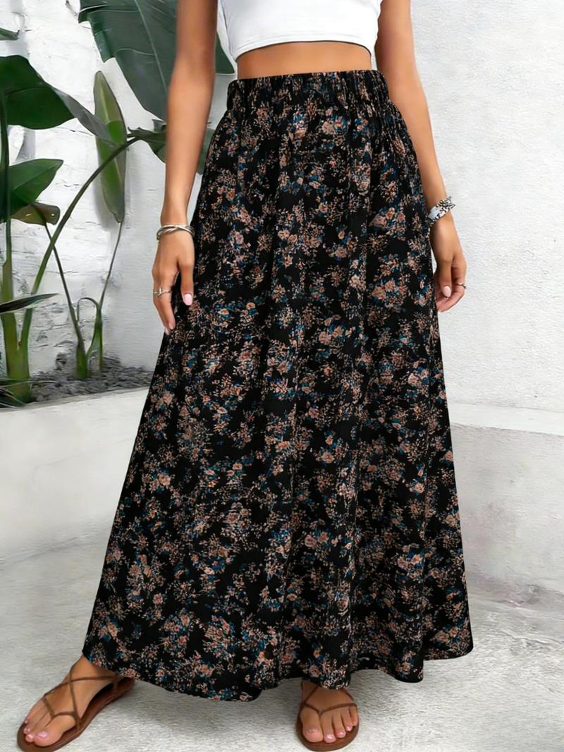 Plus Size Women's Floral Elastic Waist Skirt, Fashion Casual Vacation Must-Have, Loose Hem Half Skirt, Essential Wardrobe Item