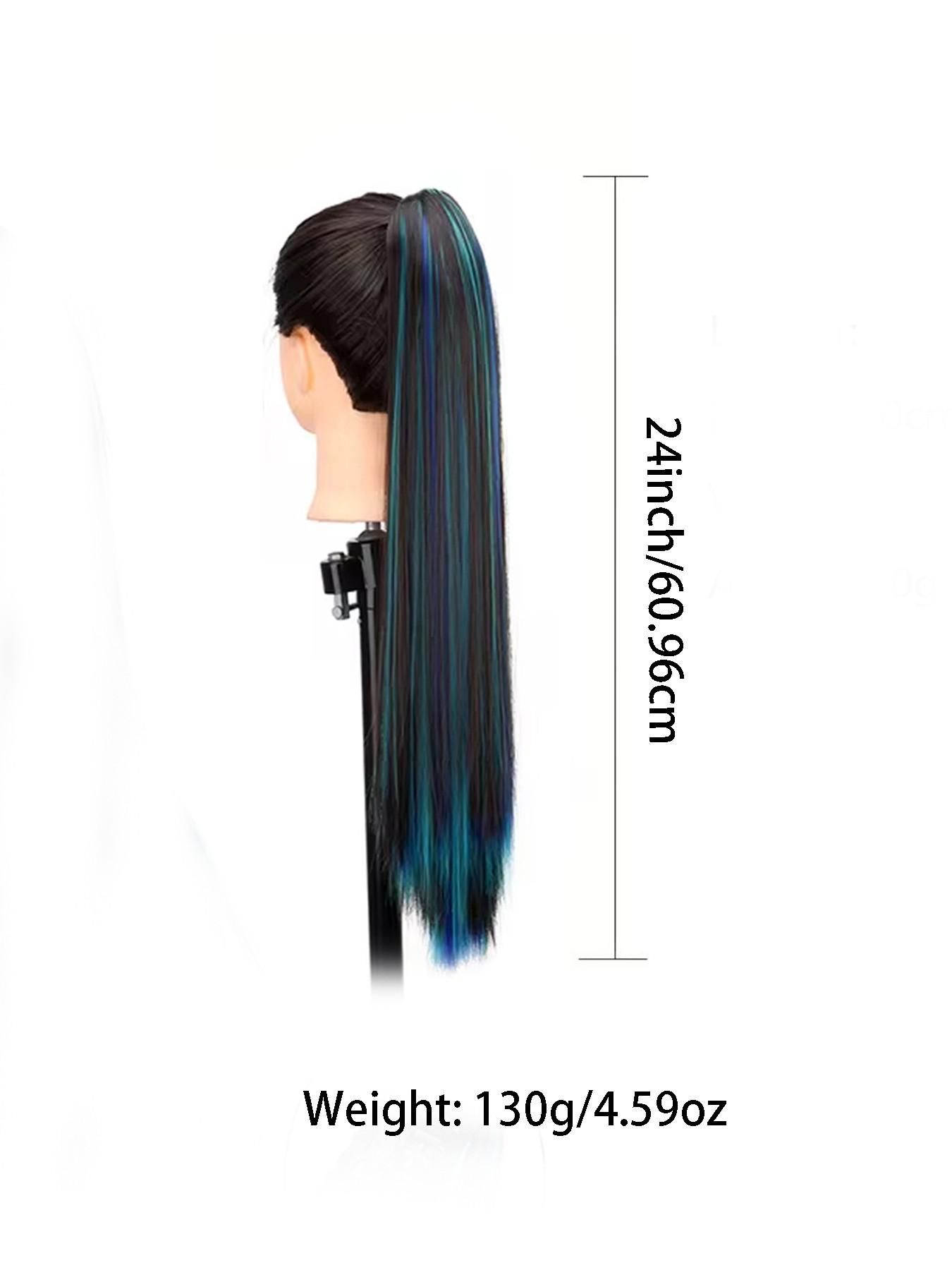 24inch Claw Clip In Synthetic Straight Ponytail Hair Extensions, Synthetic Ponytails - Pre-Bleached Multicolor Highlights (Blue/Green), Clip-On Hairpiece for Instant Volume & Highlights, Easy Application for Parties, Synthetic Fiber Extensions