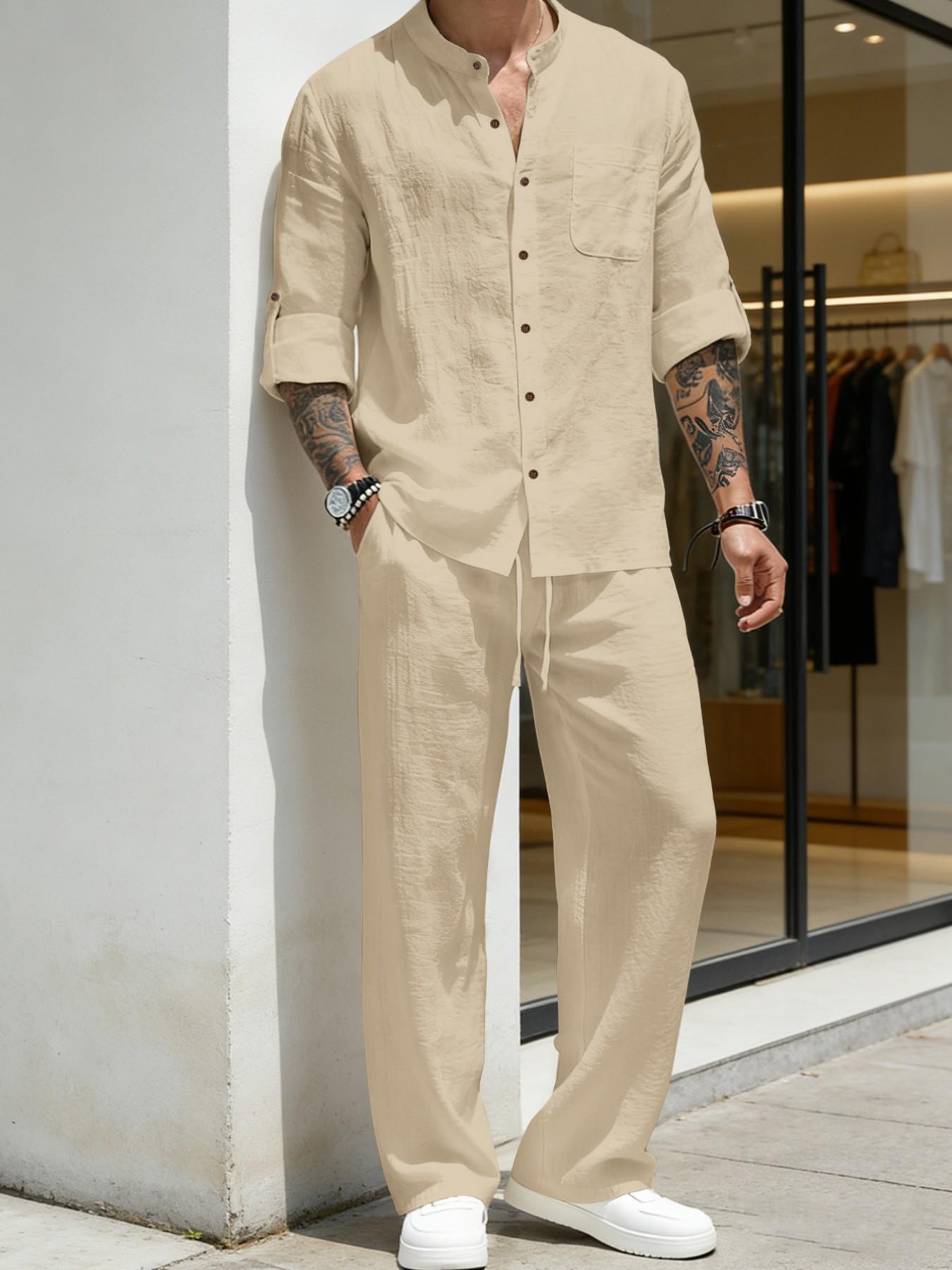 Men's Linen Stand Collar Long Sleeve Button Shirt & Straight Leg Belted Pants Set, Casual Business Leisure Style, Fashionable Men's Clothing