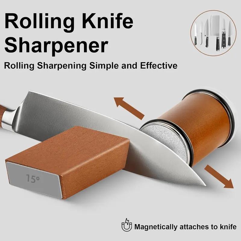 Rolling Knife Sharpener Kit- Best Knife Sharpener Tool with 15 & 20 Degree Knife Sharpening Angle- Diamond and Ceramic Discs for Sharper Kitchen Knives- Best Gift for Cooking Enthusiasts