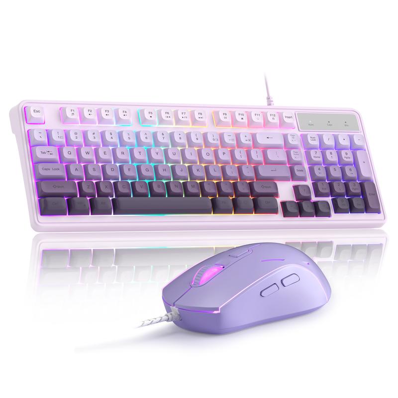 MageGee GK980 Creamy Keyboard and Mouse Combo, It Feels Purple And White Keyboard，Wired RGB Backlit Keyboard and Pink Gaming Mouse Combo,PC Keyboard and Adjustable Sensitivity Mouse for PC/loptop/MAC