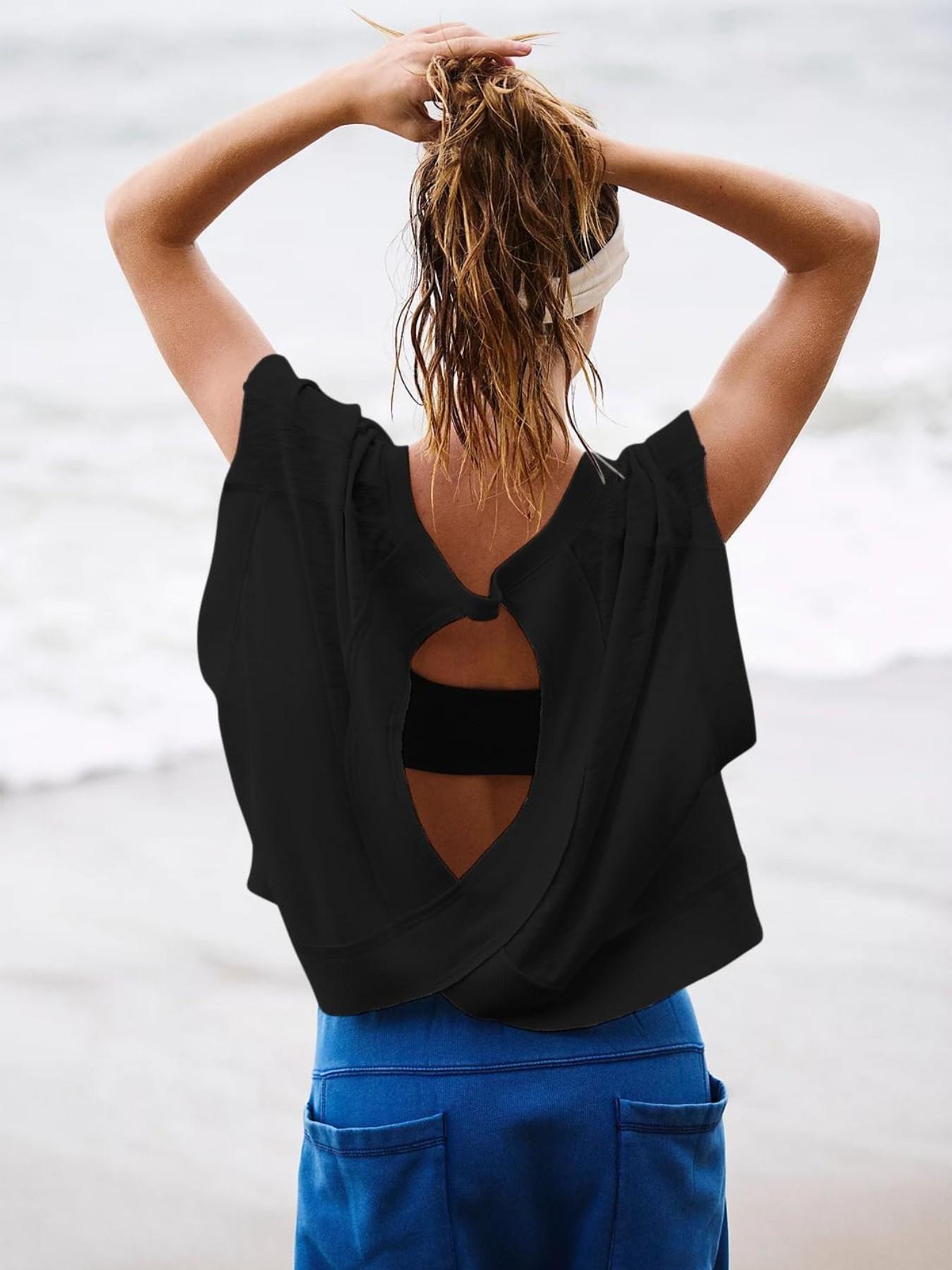 Women's Sporty Hoodie Round Neck Loose Fit Casual Sports T-Shirt, Gym Yoga Tops, Backless Hollow Design, Pure Color Skin-Friendly Yoga Wear