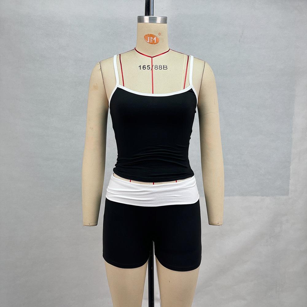 Sportswear, summer, suspenders, exposed navel, contrasting colors, tops, low waist, shorts, suits, casual, fitness sport set contrast binding