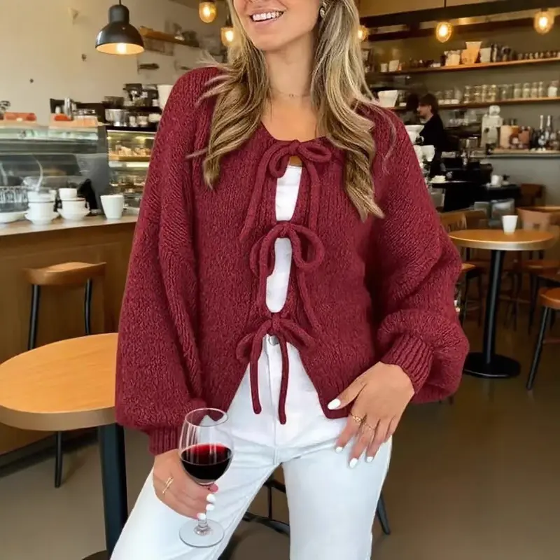 2026 Autumn/Winter New Solid Color Round Neck Casual Knit Cardigan with Drawstring, Commute Simple Sweater