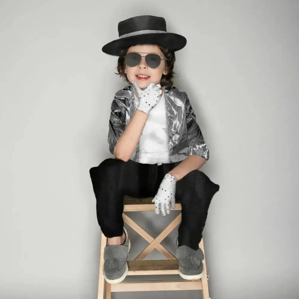 Kids Boy  Billie Jean Cosplay Black Suit Dance Disco Halloween Fancy Dress Up 80s Pop King Costume for Top Pants