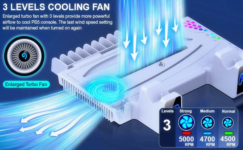 PS5 Slim Stand Cooling Station with PS5 Controller Charger for Playstation 5/Slim Console, PS5 Accessories Vertical Stand Incl.3 Levels Cooling Fan,Light,Headset Holder,14 Game Slot