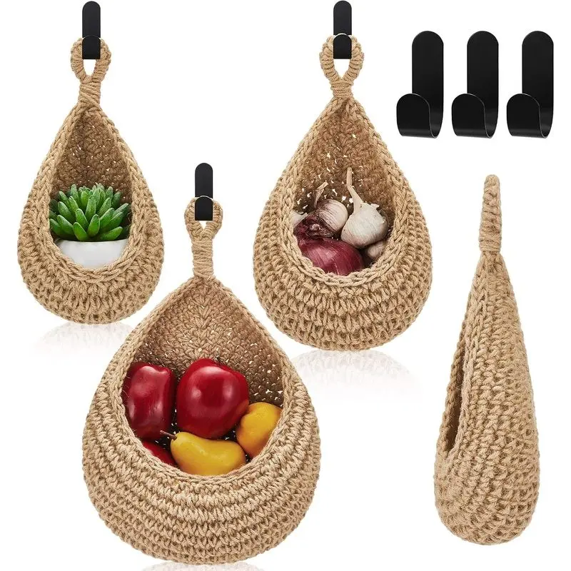 3 Light Linen Teardrop Wicker Rope Hanging Baskets with Hooks, Boho Decor for Kitchen Fruit Storage, Farmhouse Organizer, Wall Basket