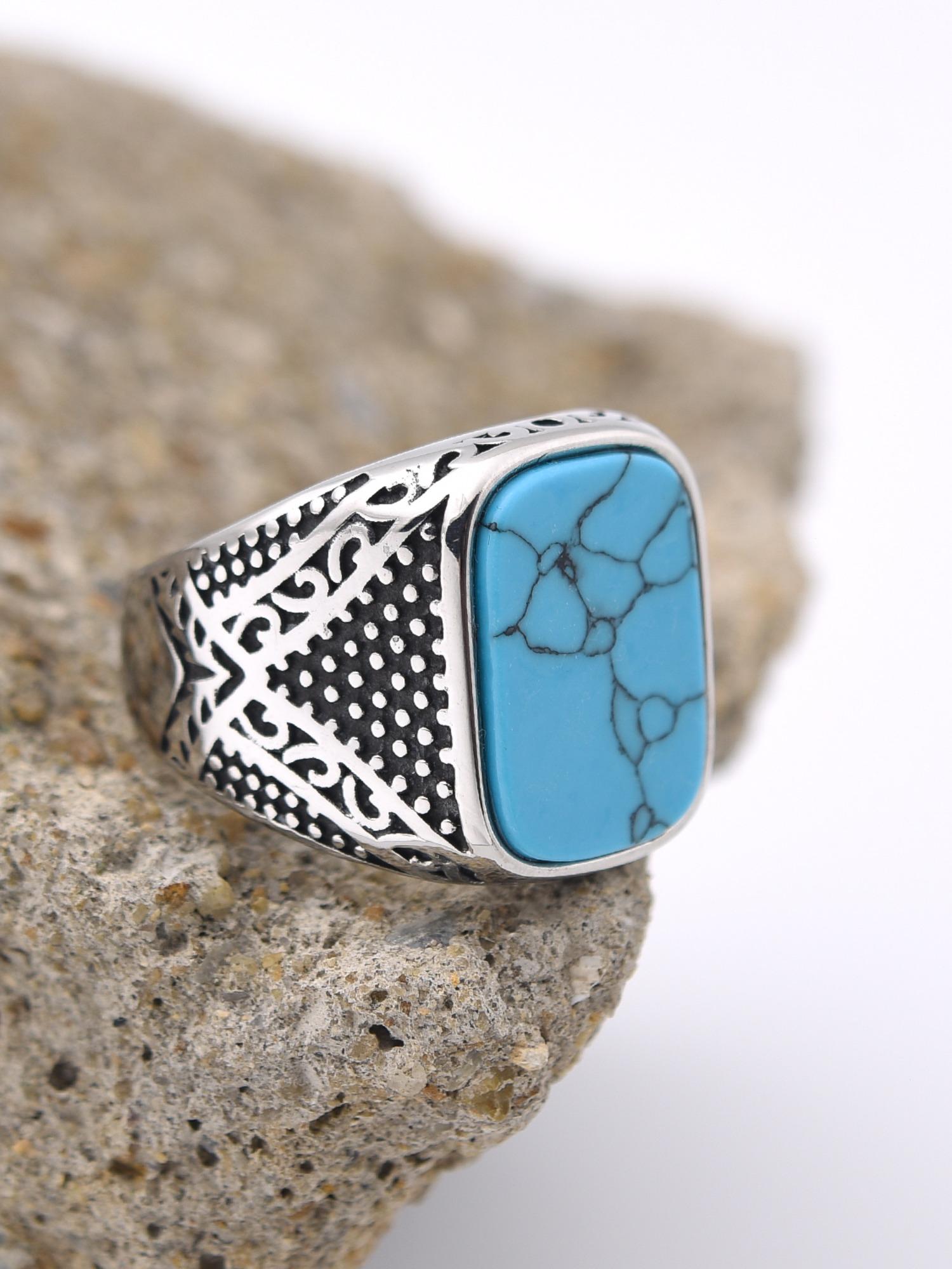 Vintage Men's Signet Ring 316L Stainless Steel Silver Color Blue Agate Square Stone Retro Carving Jewelry Gift