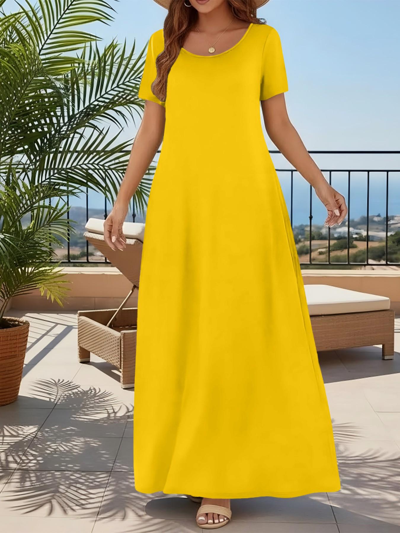 Women's Casual Commuter Plain Minimalist Short Sleeve Dress with Pockets, Loose Fit Summer & Fall, Essential Beachwear Women's Casual Commuter Plain Minimalist Short Sleeve Dress with Pockets, Loose Fit Summer & Fall, Essential Beachwear