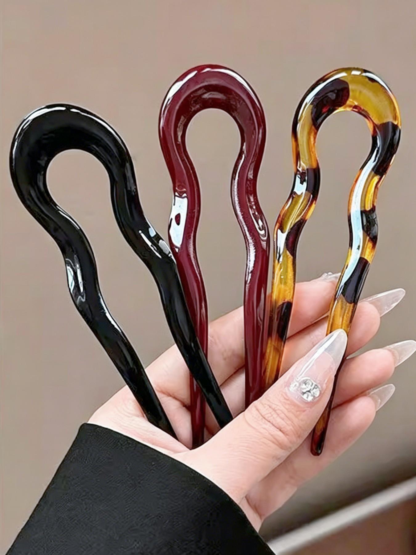 3Pcs Simple Acrylic U-Shaped Wavy Hair Pins, French Style Vintage Hair Sticks for Back Head Bun Hairstyling, Light Luxury New Chinese Style Hair Accessories