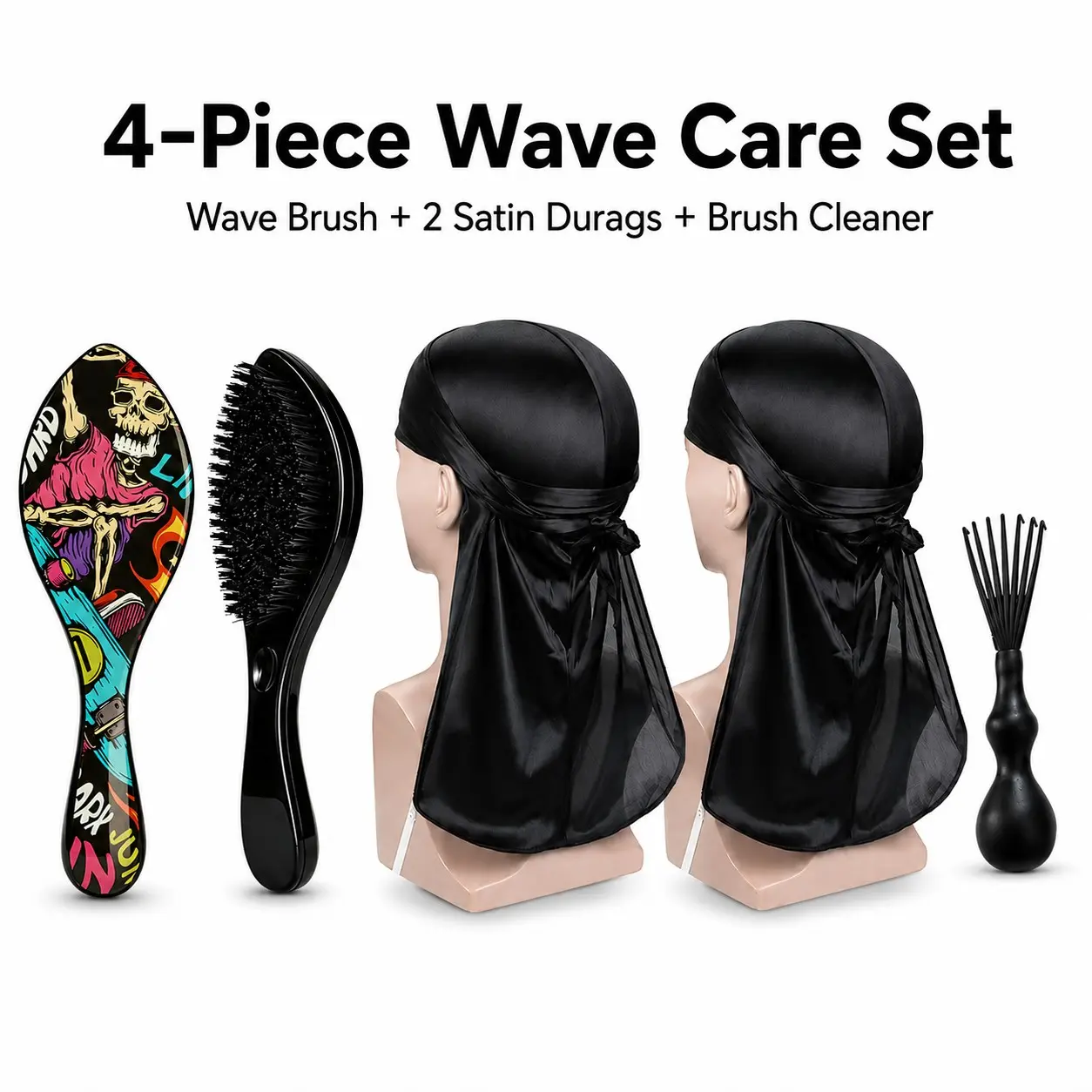 4 Piece Wave Kit for Men, 360 Wave Brush Set with 2 Satin Durags & Brush Cleaner, Curved Wave Brush for Training Deep Waves, Hair Wave Maintenance & Daily Grooming Routine, Hair Styling Tools