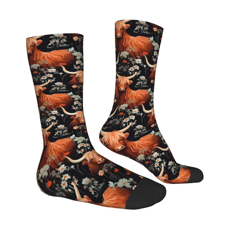 1pc Highland Cow Men'S Novelty Socks | Crew Sock with All Over Print, Elastane, Knit Fabric