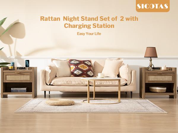 SICOTAS Night Stand Bed Side Table Set of 2- Rattan Nightstand with Type-C Charging Station, Drawer Storage End Table - 15.4" x 23.6" x 22.1" Size Boho Bedside Stand Night Stands for Bedroom Living Room Sofa Couch Office, Durable