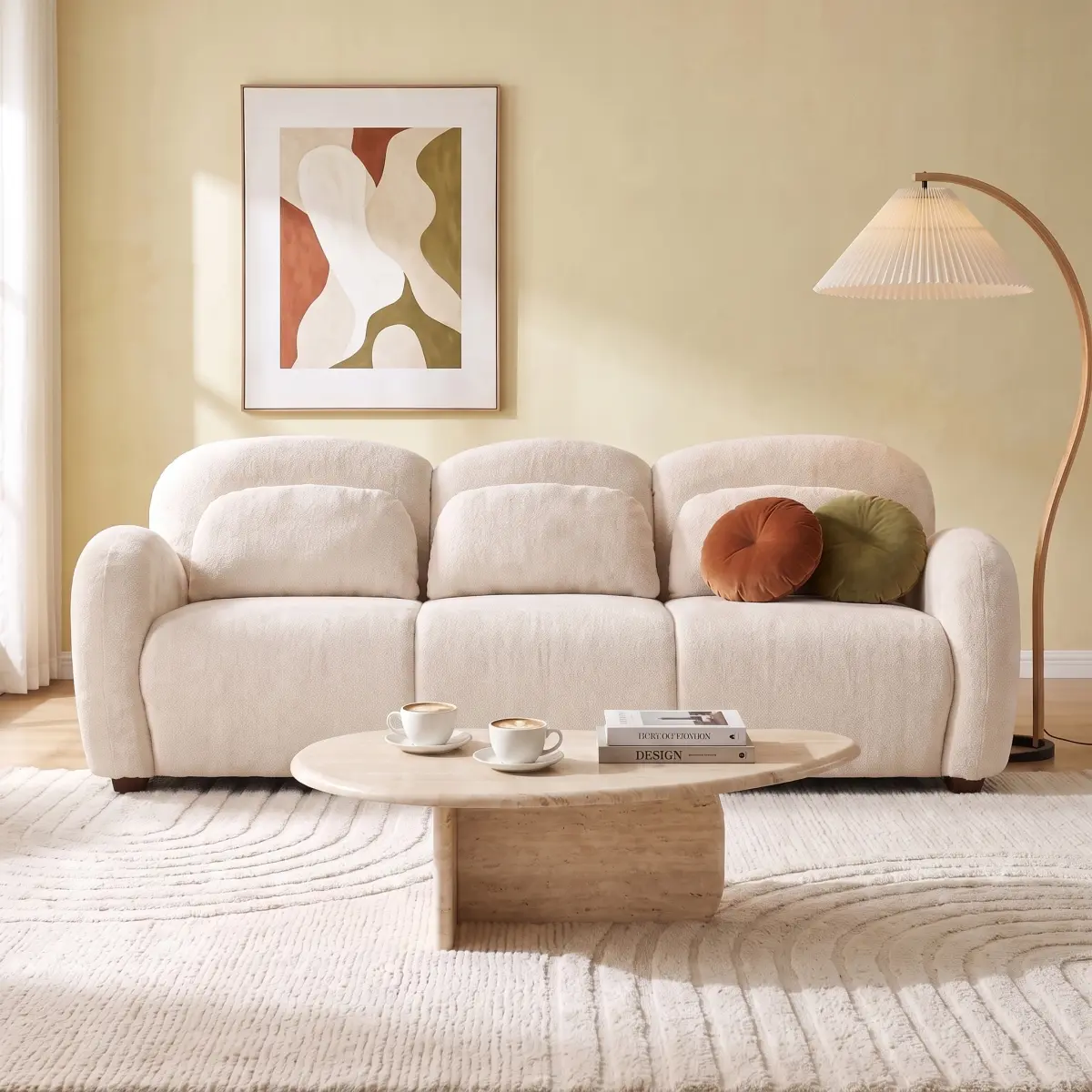78" Boucle Sofa  Beige 3 Seater Curved Couch with Deep Seat, High Density Foam, 3 Lumbar Pillows and Petal Inspired Rounded Arms, Modern Upholstered Sofa for Living Room Apartment Bedroom Office Small Space