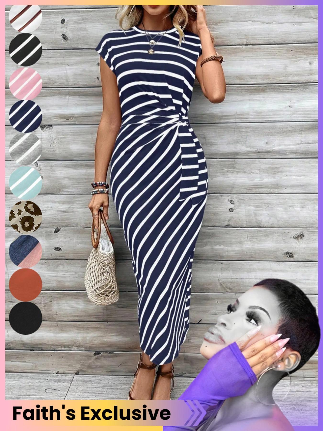 Women's Striped Print Knot Bodycon Dress, Summer Outfits 2024, Elegant Drop Shoulder Short Sleeve Long Dress for Summer, Sundress Maxi Dress, Frenchy Style Ladies Clothes for Beach Holiday