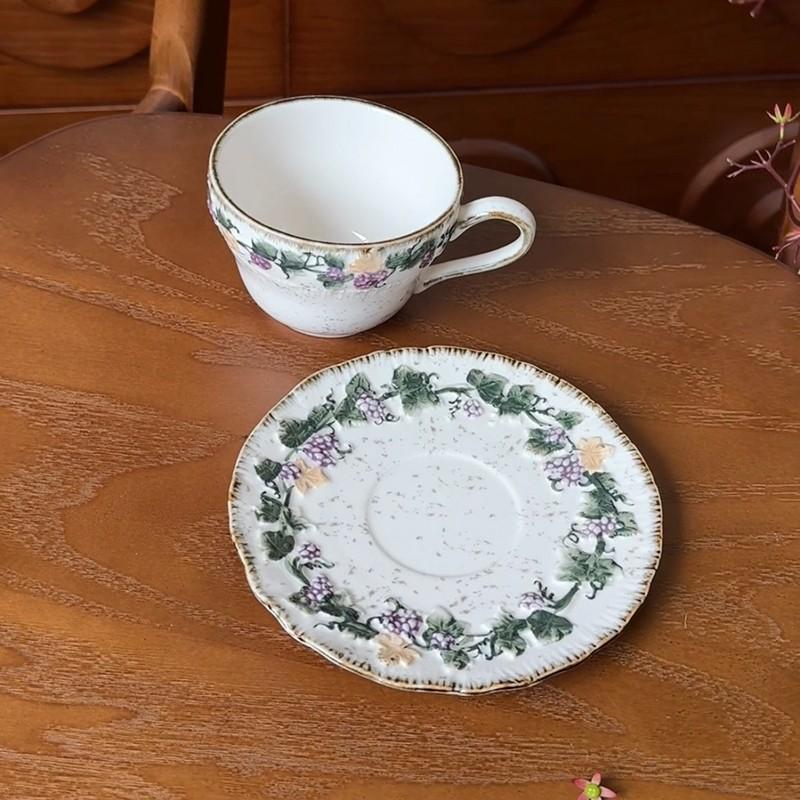 Gift for her Handmade ceramic coffee cup & saucer set  Vintage Romantic 🍇 Embossed Grape Cappuccino cup Set, Glazed Ceramic Breakfast Mug Aesthetic ☕ 🥐 🍰 , Water Cup, Afternoon Tea Coffee mug with saucer  💜