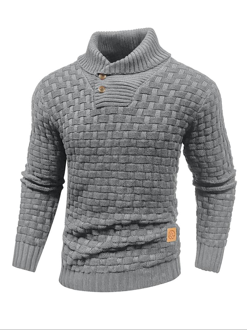 Men's Regular Textured Patched Detail Shawl Collar Sweater, Casual Long Sleeve Jumper for Fall & Winter, Fashion Men's Knitwear for Daily Wear, Longsleeves