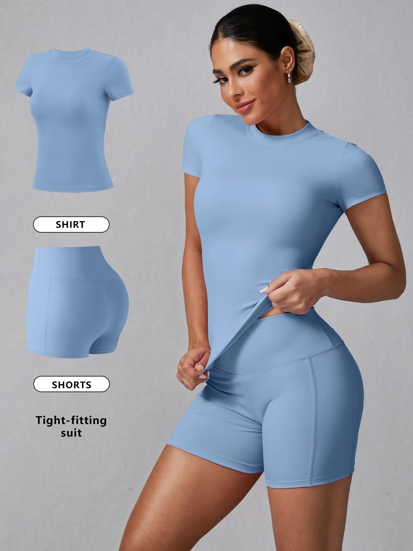 Women's Solid Ribbed Tee & High Waist Shorts Loungewear, Casual Comfy Round Neck Short Sleeve T-Shirt & Skinny Shorts PJ Set, Ladies Sleepwear for Summer, Pajama